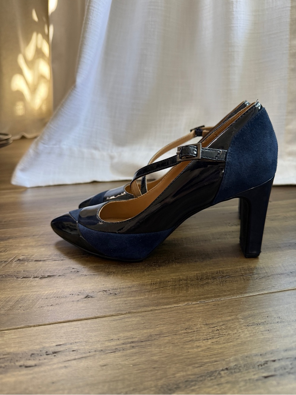 Classic Navy Suede & Patent Cross-Strap Heels